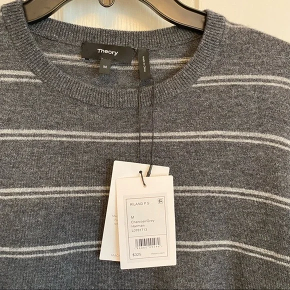 THEORY Riland Striped Wool Blend Pullover Sweater in Charcoal/Grey Size M - Picture 10 of 10